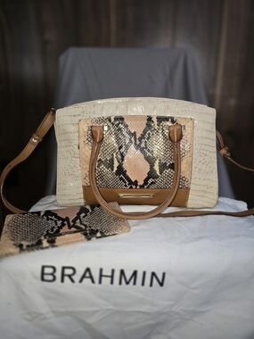 Brahmin Cream & Tan Snake-Print Satchel & Wallet